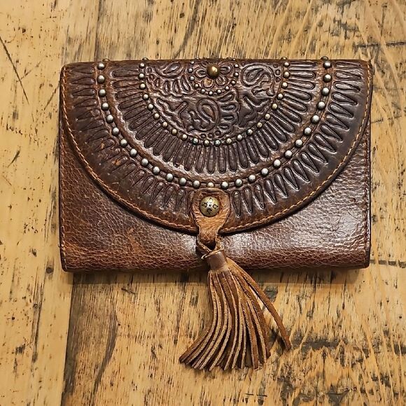 PATRICIA NASH Colli Brown Leather Trifold Embellished Tassel Wallet Clutch - Picture 1 of 10